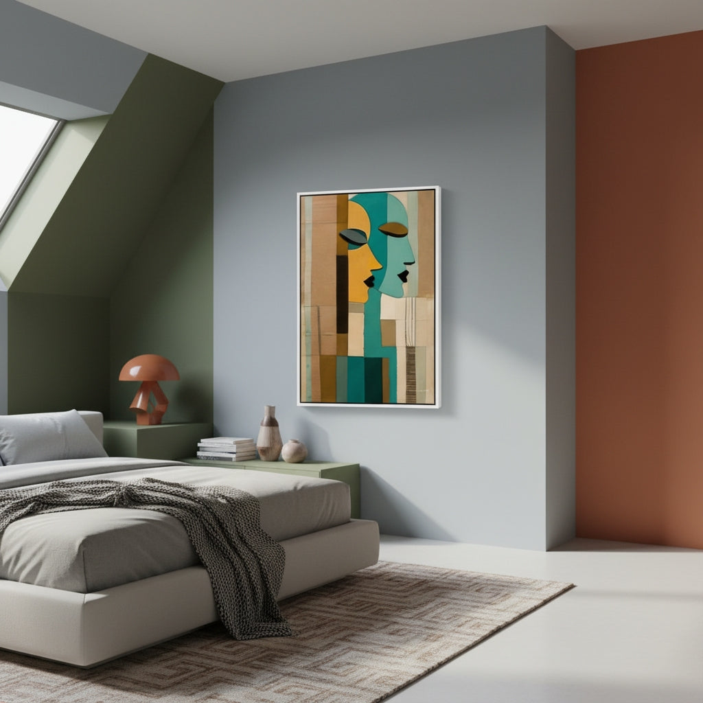 Modern bedroom with abstract art on the wall