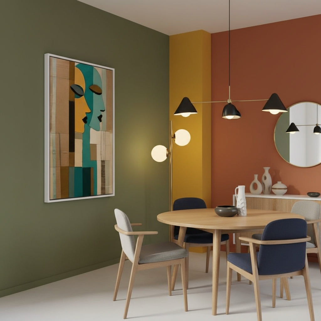 Dining room with a round wooden table, chairs, and abstract art on the wall.