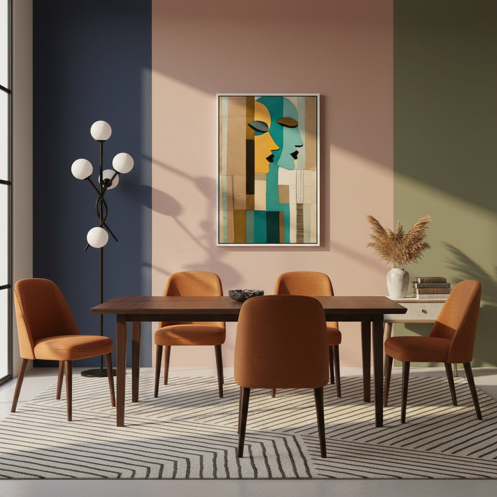 Dining room with wooden table and brown chairs, abstract art on the wall, and modern floor lamp.
