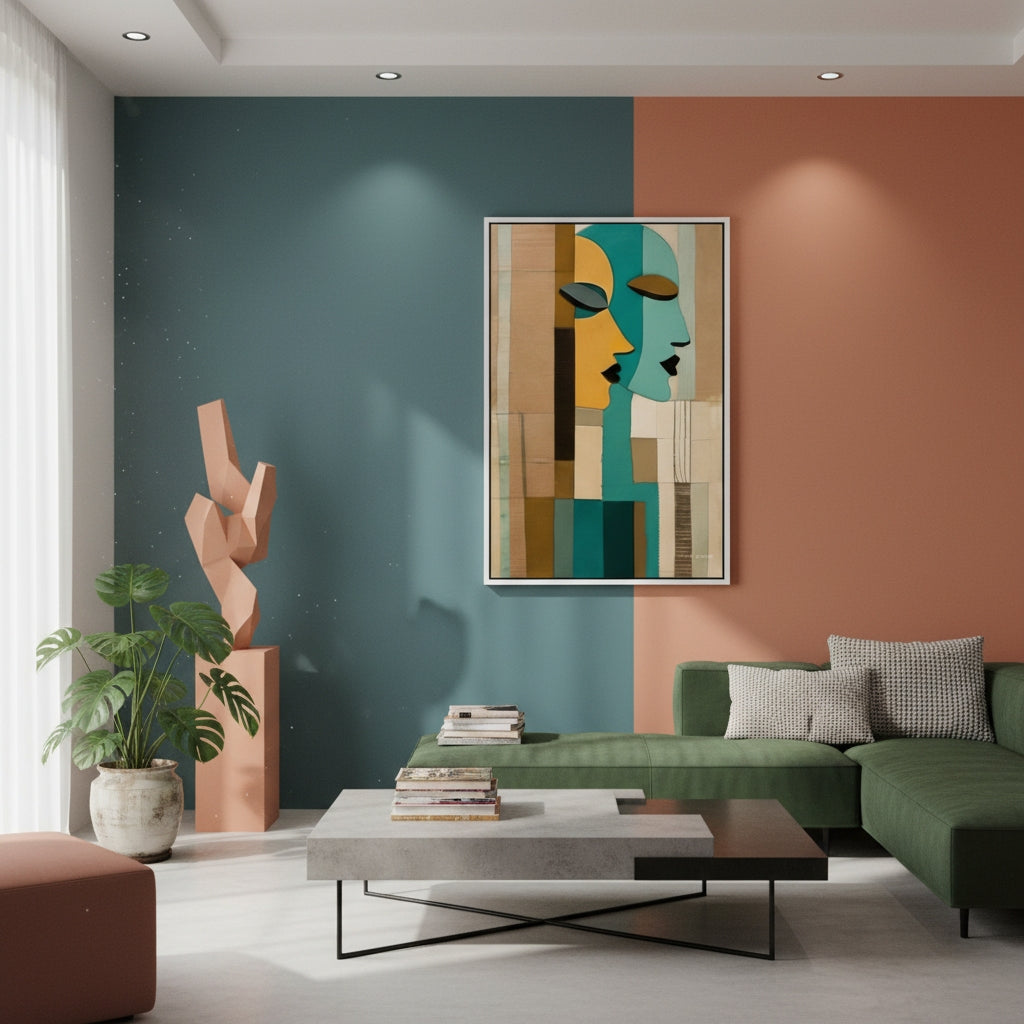 Modern living room with abstract art, green sofa, and decorative items.