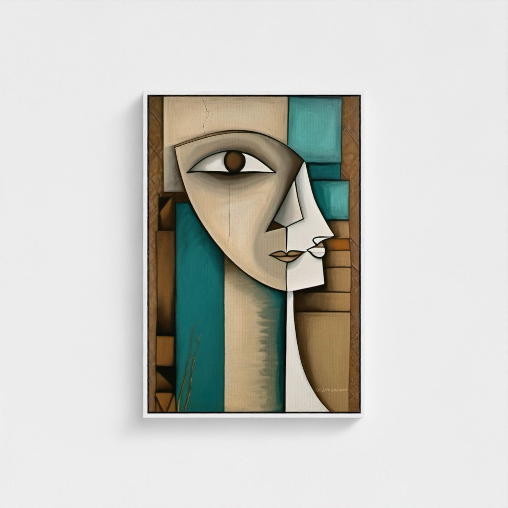 Abstract art print of a face with geometric shapes on a white background