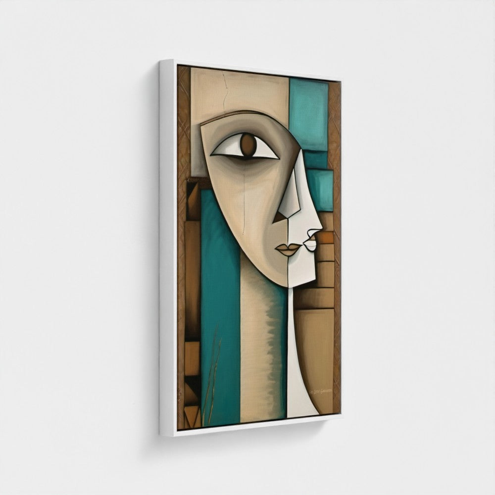Abstract art painting of a face with geometric shapes on a white background