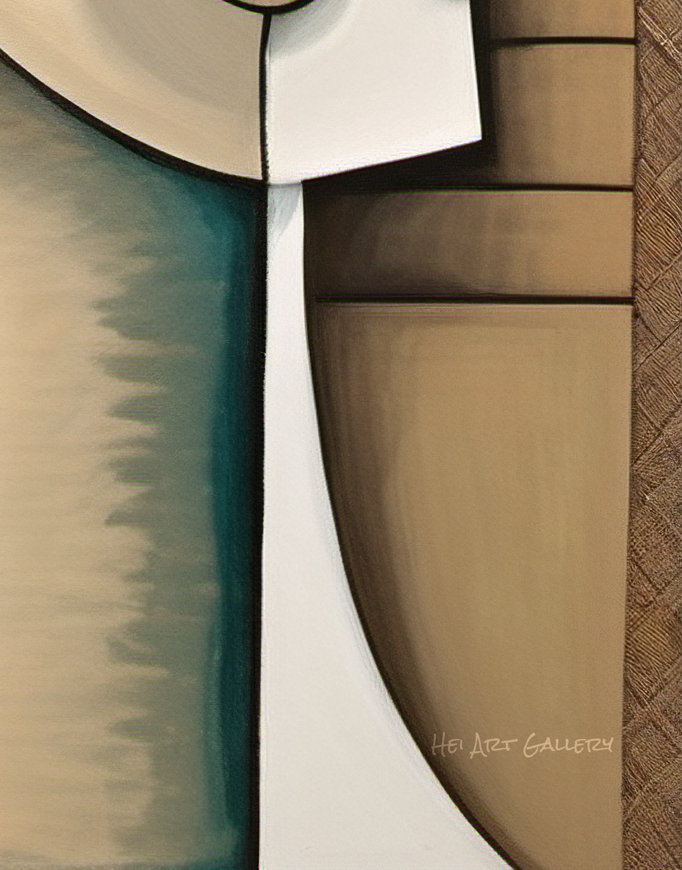 Abstract art piece with geometric shapes in brown, beige, and teal on a textured background.