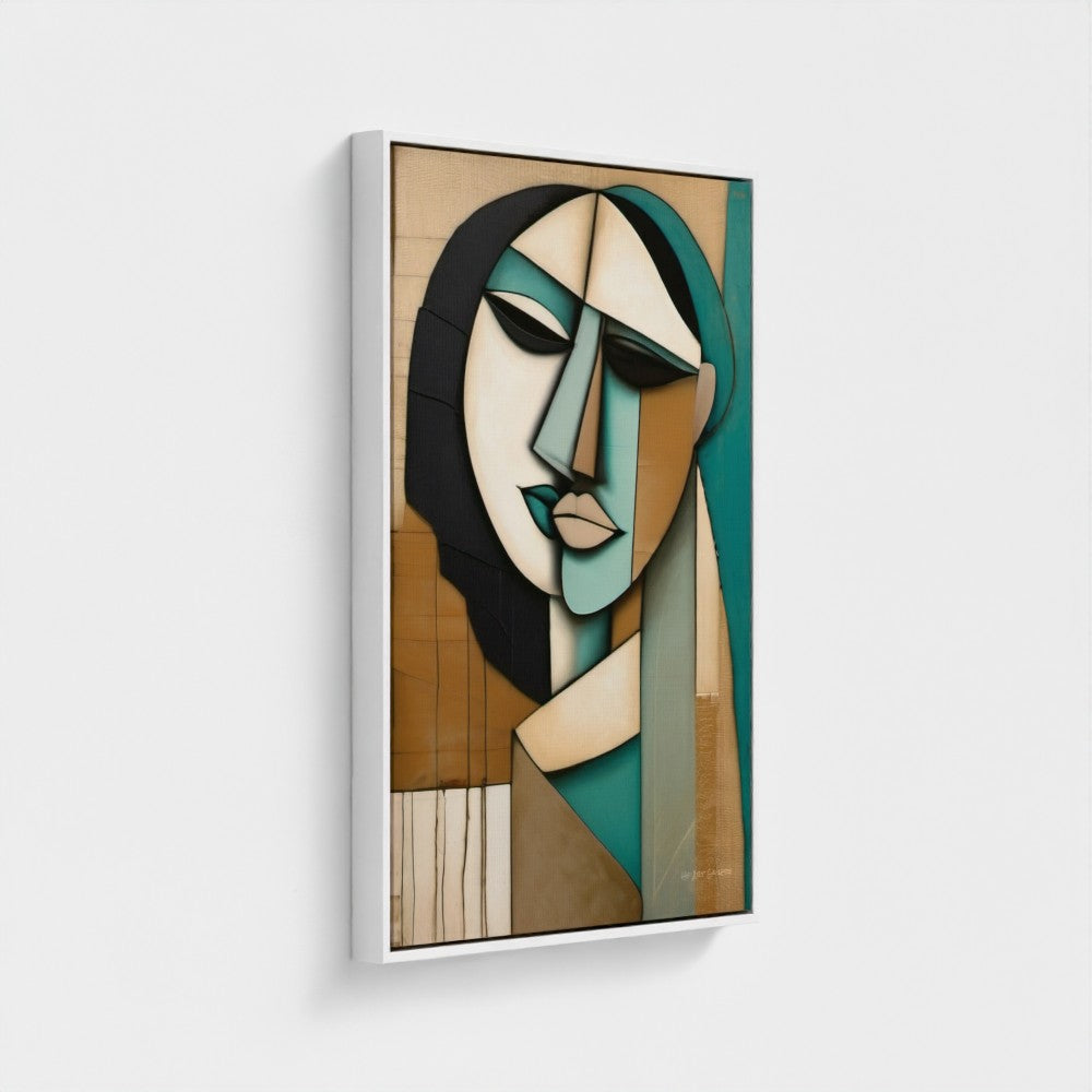 Abstract art painting of a face with geometric shapes on a beige background