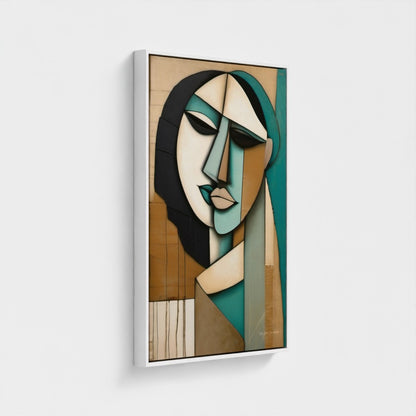 Abstract art painting of a face with geometric shapes on a beige background