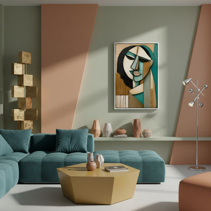 Modern living room with teal sofa, abstract art, and geometric coffee table.