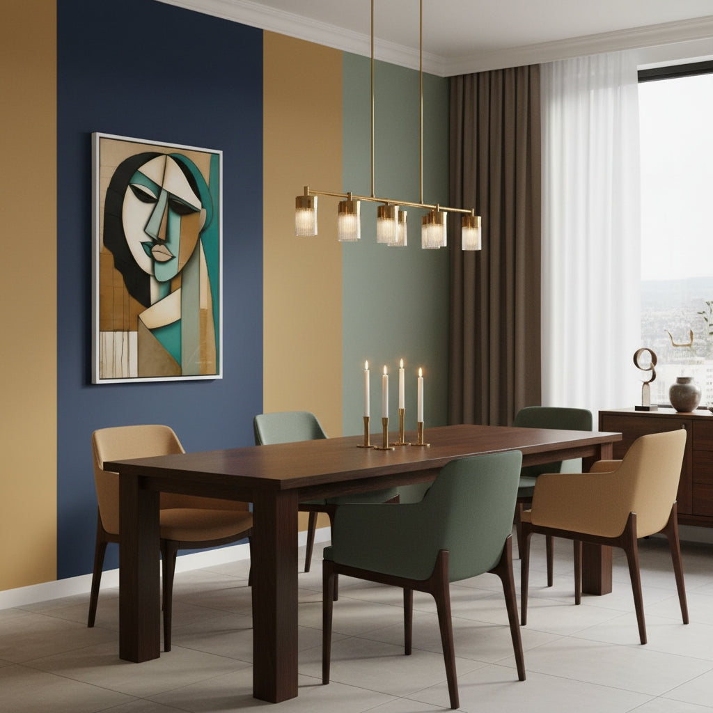 Modern dining room with a wooden table and chairs, abstract painting on the wall, and decorative elements.