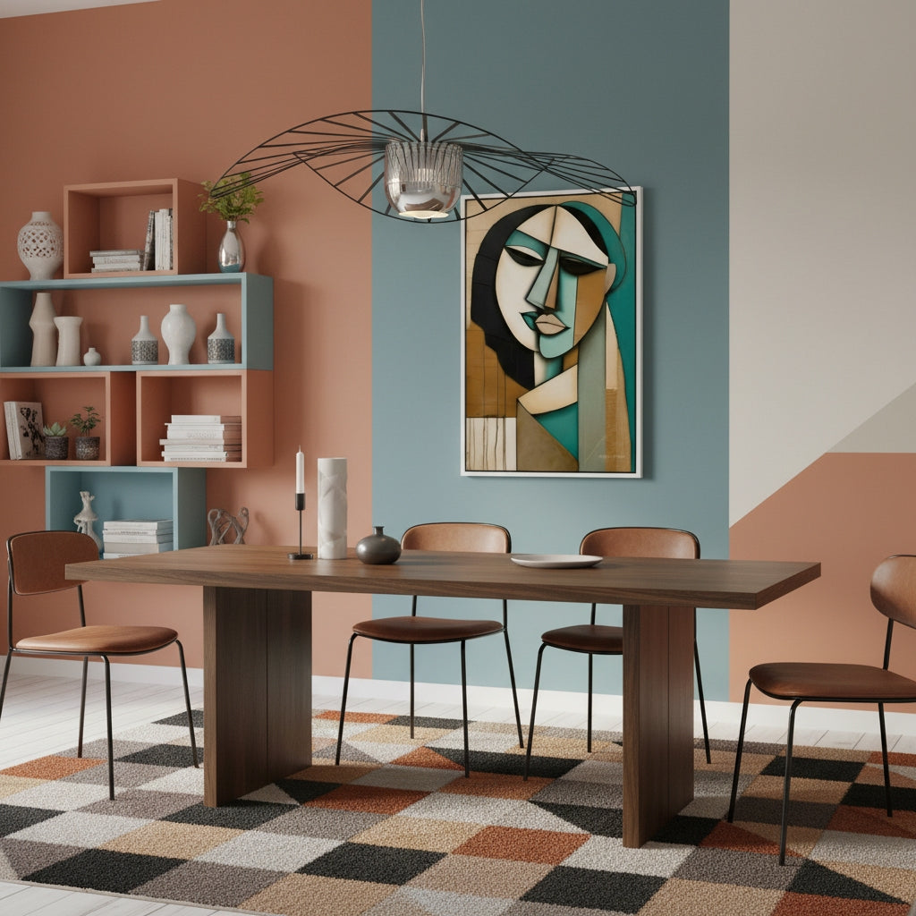 Dining room with a wooden table, chairs, and a colorful abstract painting on the wall.