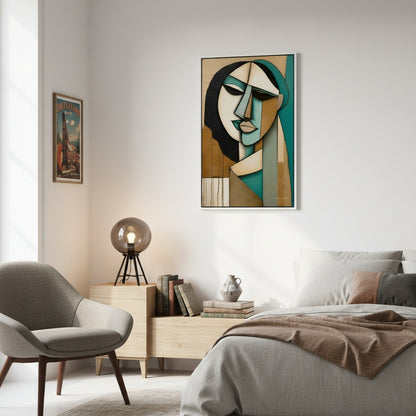 Modern bedroom with abstract art on the wall, a bed, and a chair.