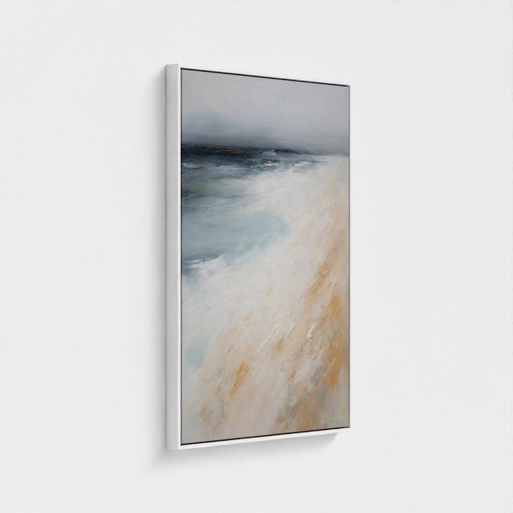 Framed artwork of a beach scene with waves on a white background