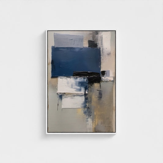 Abstract art painting with blue and beige colors on a white background