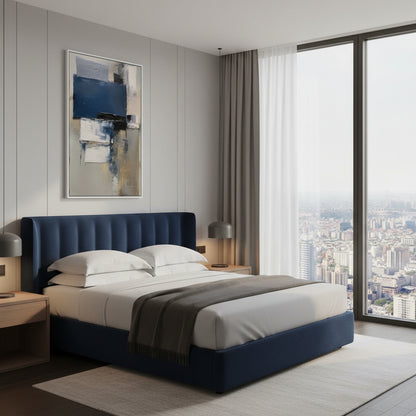 Modern bedroom with a large bed, abstract art, and city view.