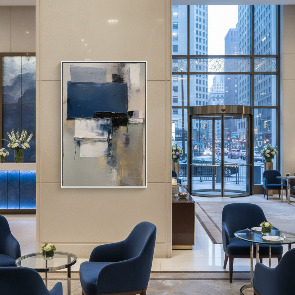 Modern interior of a hotel lobby with abstract art, blue chairs, and city view.