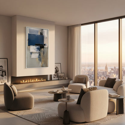 Modern living room with large windows, comfortable furniture, and cityscape view.