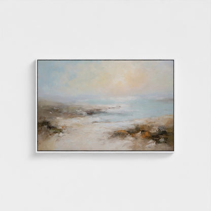 Framed abstract painting on a white wall