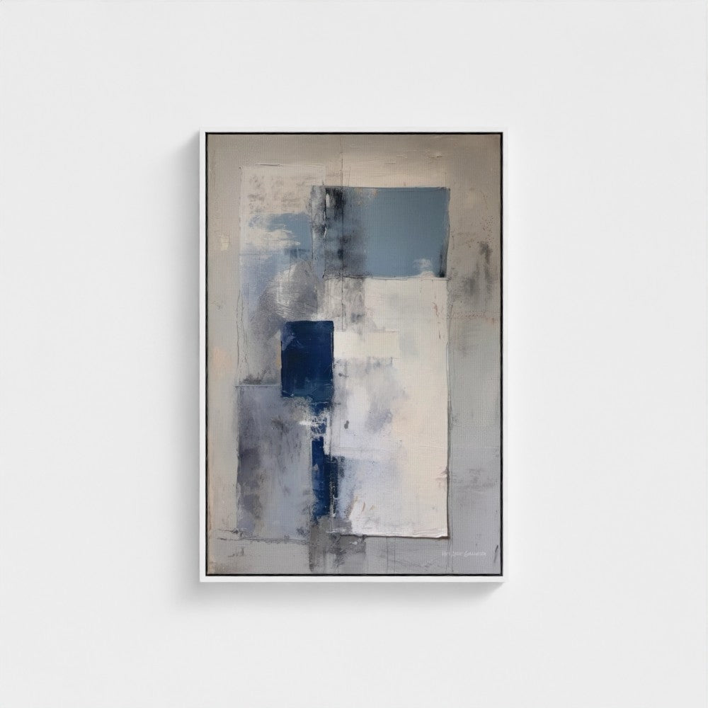 Abstract art piece with blue and gray tones on a white wall