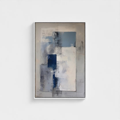 Abstract art piece with blue and gray tones on a white wall