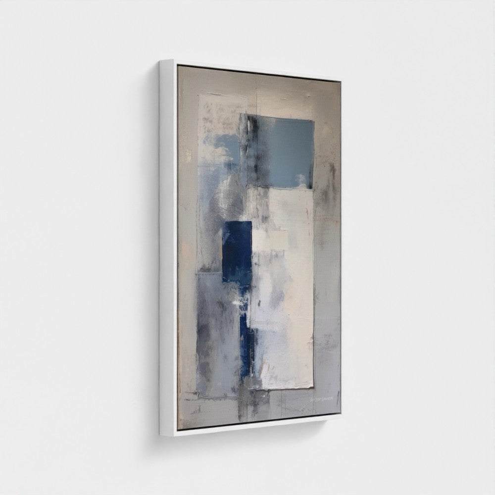 Abstract art piece with blue and gray tones on a white background