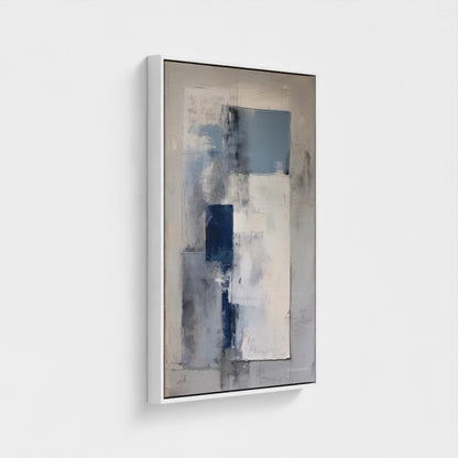 Abstract art piece with blue and gray tones on a white background