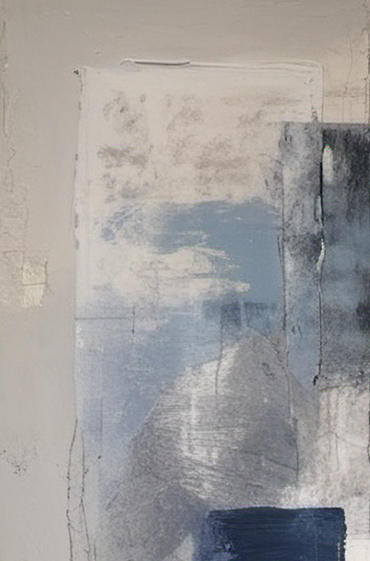 Abstract art piece with blue and gray tones on a textured surface