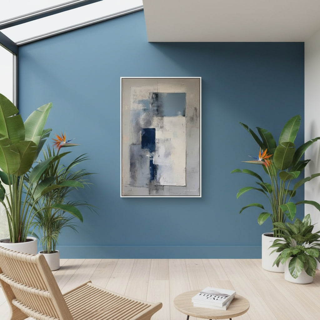 Modern living room with blue wall, abstract painting, and potted plants.