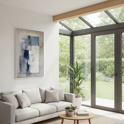 Modern living room with a gray sofa, abstract painting, and large windows.