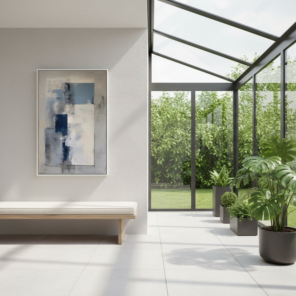 Modern interior with a bench, abstract painting, and potted plants near a glass wall.