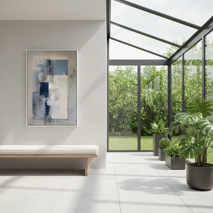 Modern interior with a bench, abstract painting, and potted plants near a glass wall.