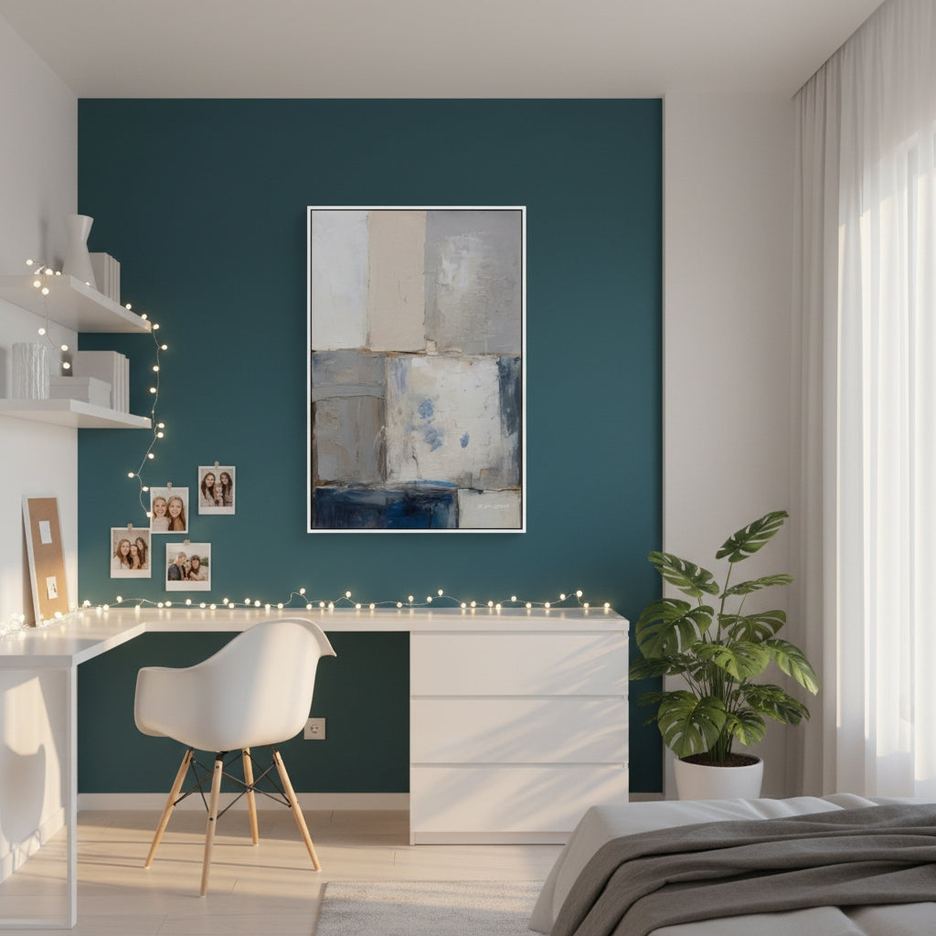 Modern interior with teal wall, abstract art, and white furniture