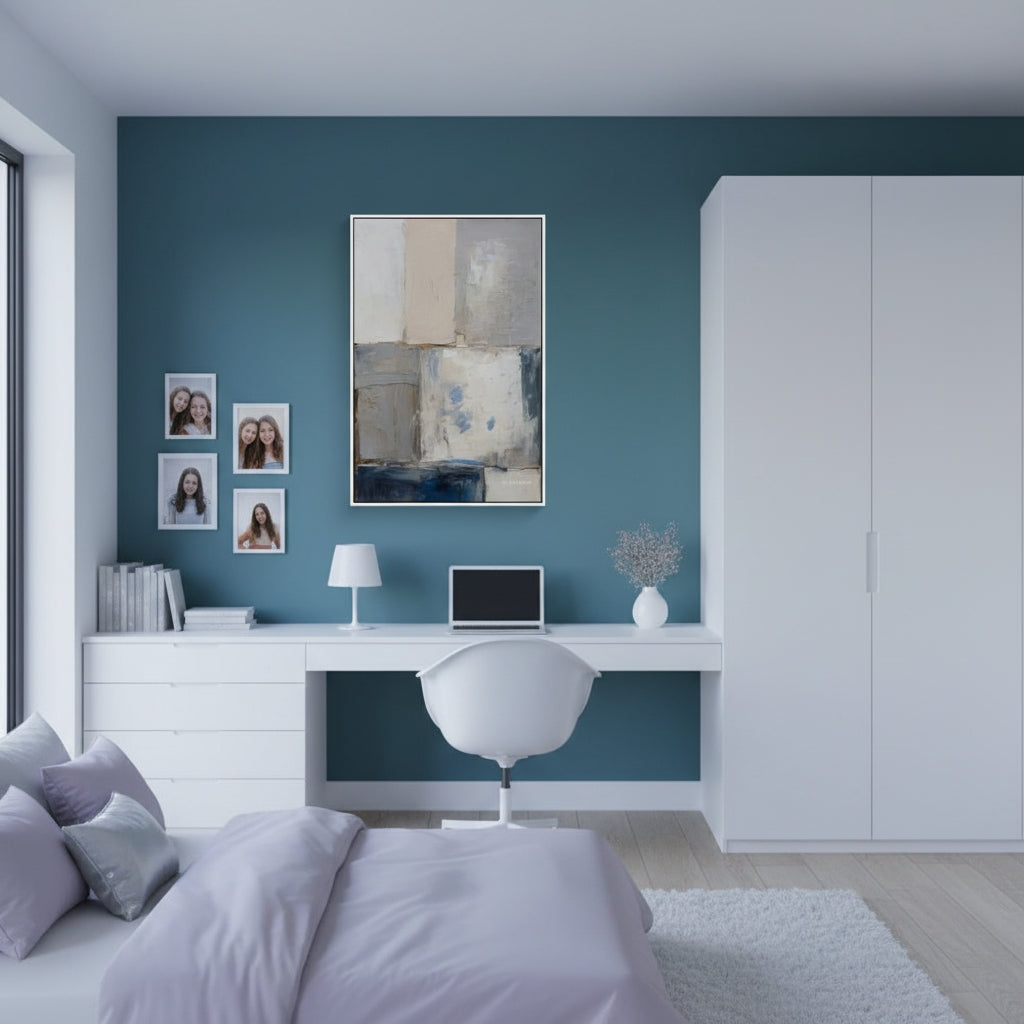 Modern bedroom with teal wall, white desk, and large wardrobe.