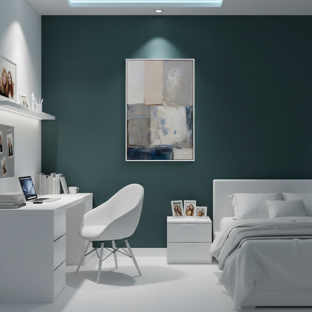 Modern bedroom with dark walls, white furniture, and a abstract painting.