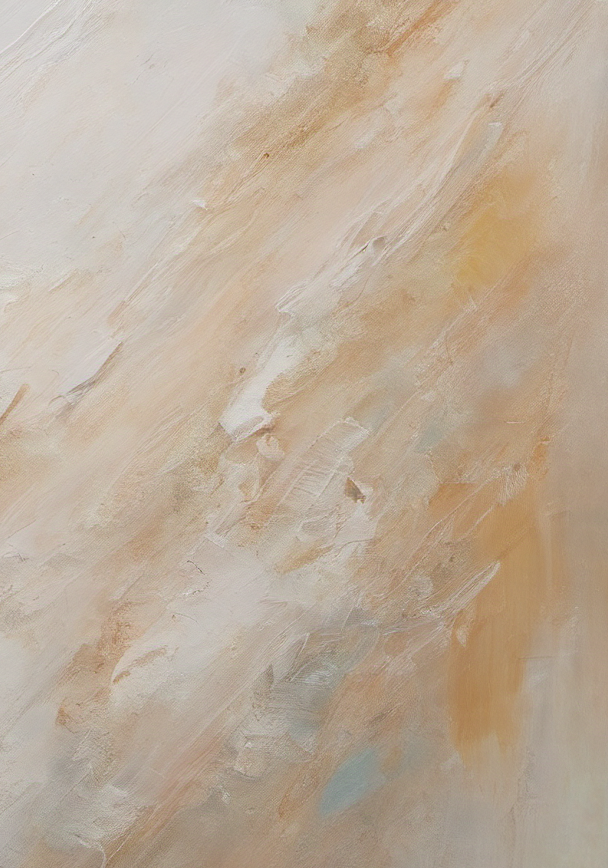 Abstract painting with wavy patterns in white, beige, and blue.