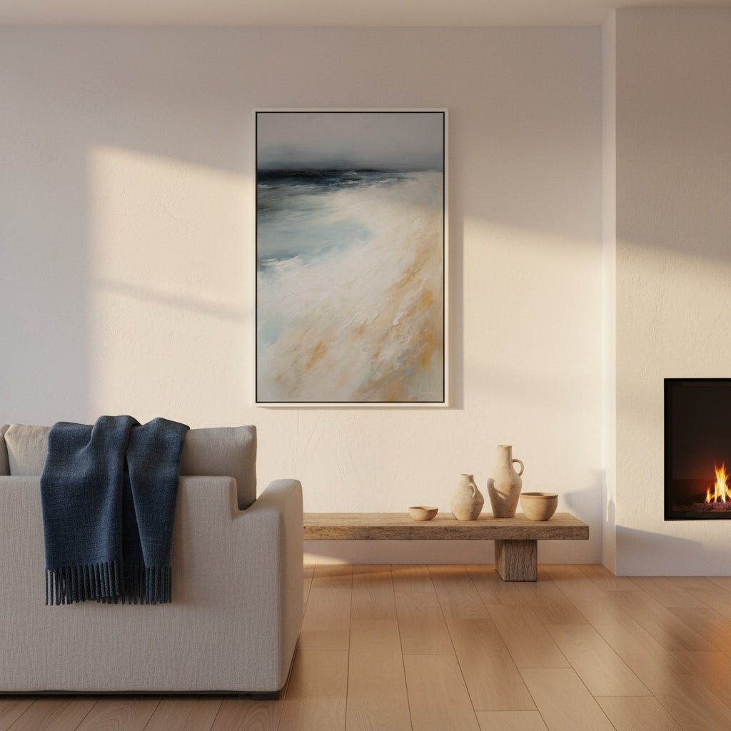 Modern living room with abstract art, sofa, coffee table, and fireplace.