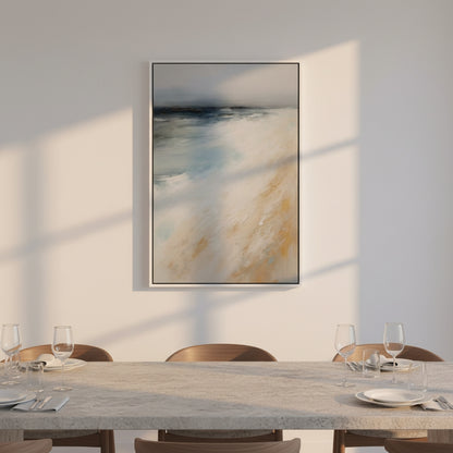 Dining room with a large abstract painting on the wall, wooden table, and chairs.