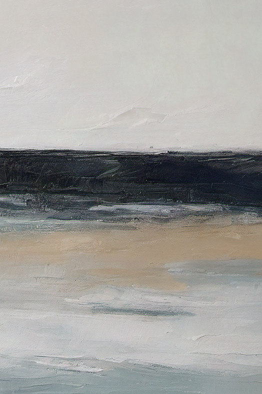 Abstract painting with horizontal brushstrokes in beige, brown, and gray on a light gray background