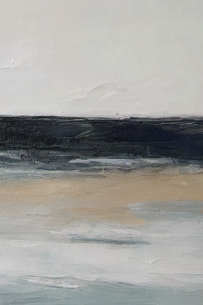 Abstract painting with horizontal brushstrokes in beige, brown, and gray on a light gray background