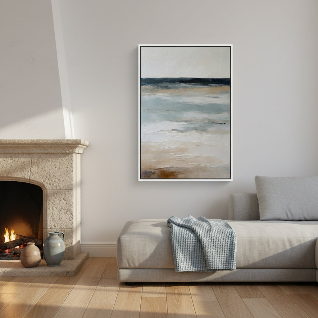 Modern bedroom with abstract painting above a bed and fireplace on the left.