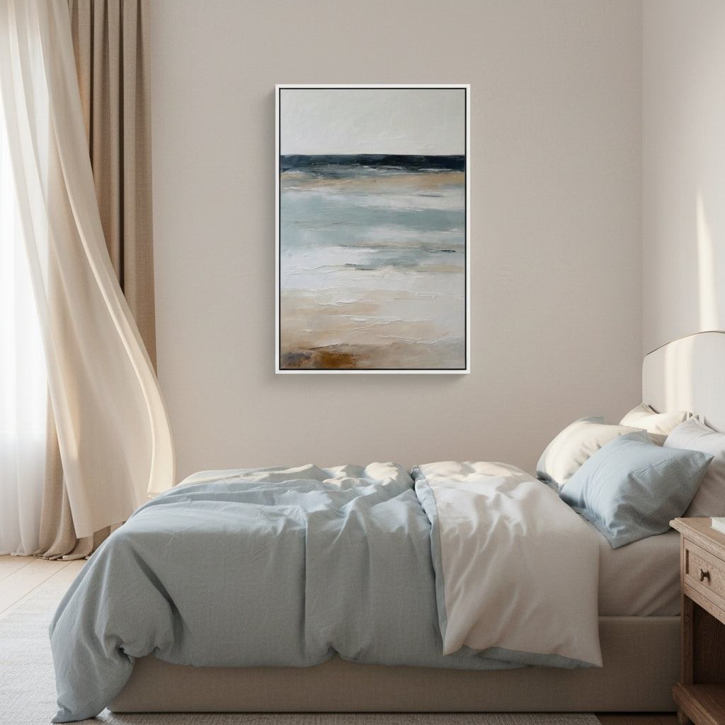 Abstract painting on a wall above a bed in a bedroom