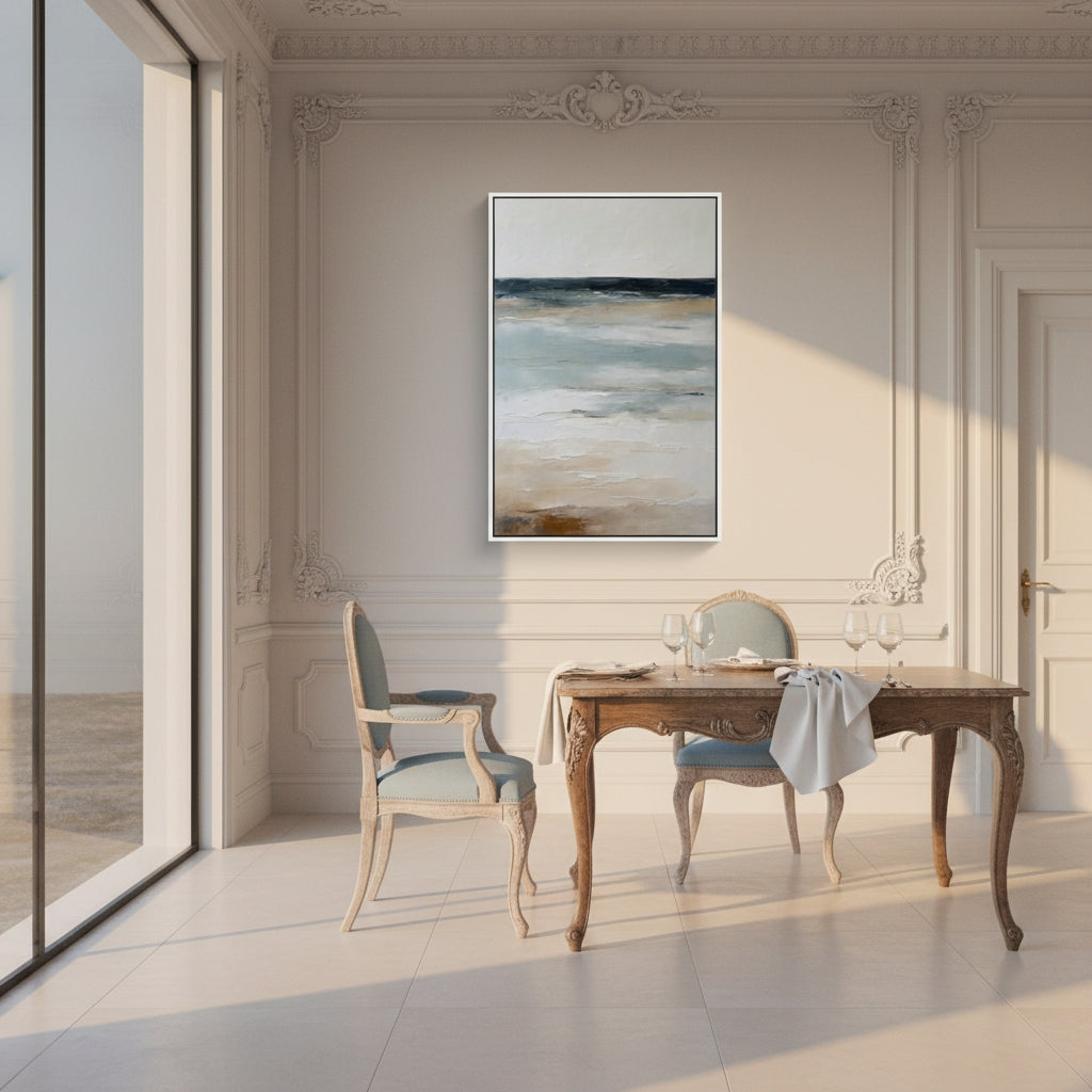 Elegant interior with a wooden desk, chairs, and a large abstract painting on a wall.