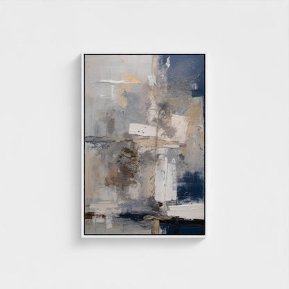 Abstract art painting with a mix of blue, beige, and brown tones on a white background