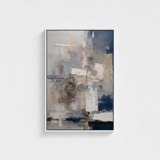 Abstract art painting with a mix of blue, beige, and brown tones on a white background