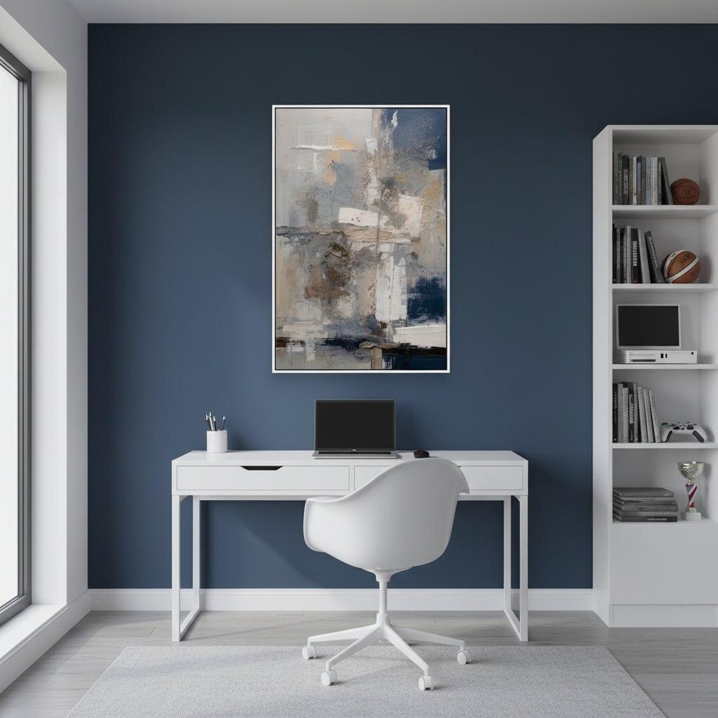Modern home office with a desk, chair, and abstract art on a blue wall.