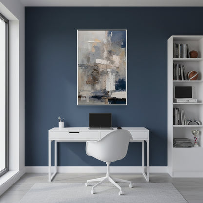 Modern home office with a desk, chair, and abstract art on a blue wall.