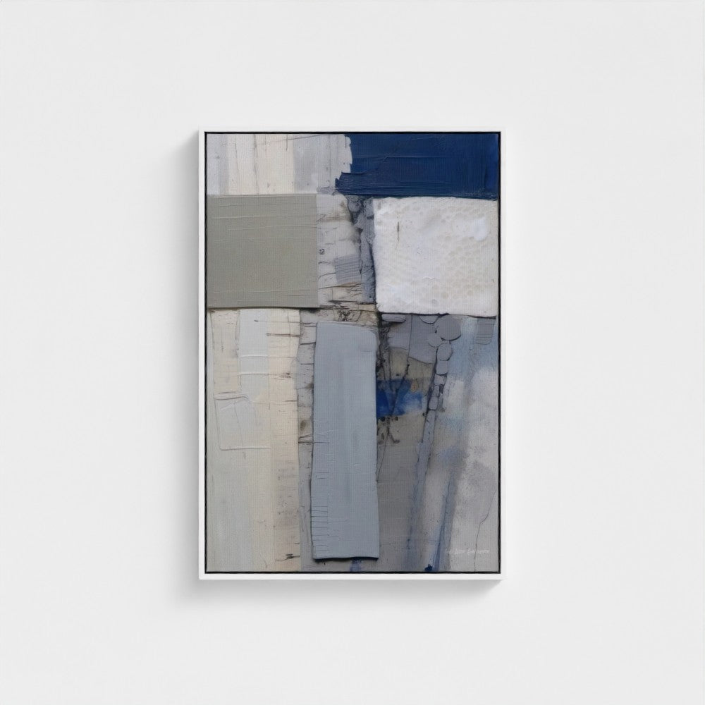 Abstract art piece with blue and gray tones on a white background