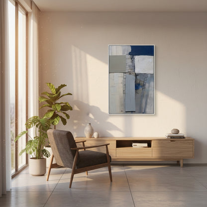 Modern living room with a chair, plant, and abstract painting on a wall.