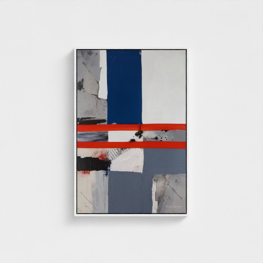Abstract art piece with horizontal blue and red stripes on a white background