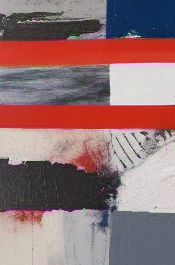 Abstract art with horizontal stripes in red, black, white, and blue.