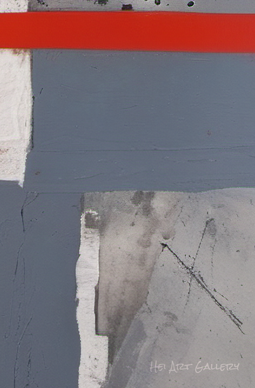 Abstract art piece with a red horizontal stripe and textured gray and white background.