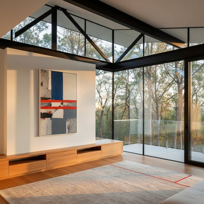 Modern living room with large windows, abstract painting, and wooden furniture.