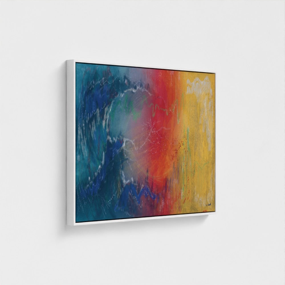 Abstract painting with blue, red, and yellow on a white wall